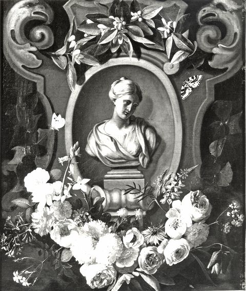 A. C. Cooper — Ykens Jan Pieter; Verbruggen Gaspar Peeter de il Giovane - sec. XVII/ XVIII - Festone di fiori con busto femminile — insieme